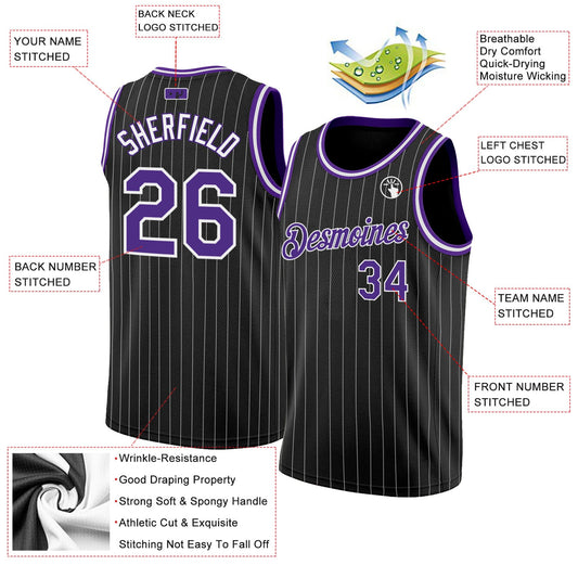 Custom Black White Pinstripe Purple-White Authentic Basketball Jersey - Sky-Custom