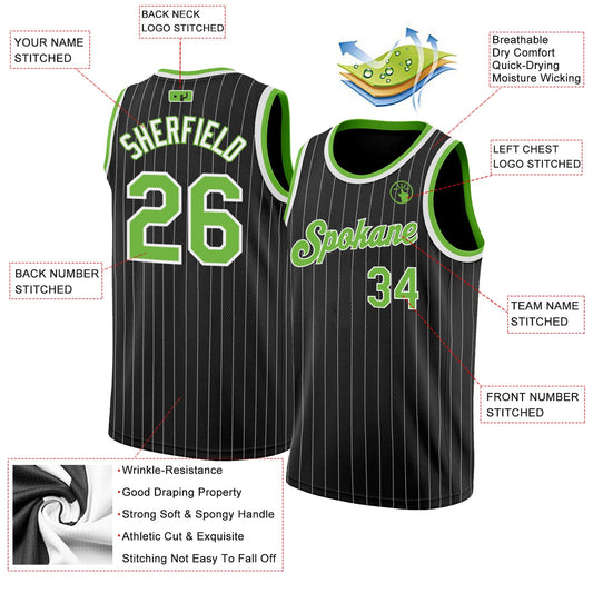 Custom Black White Pinstripe Neon Green-White Authentic Basketball Jersey - Sky-Custom