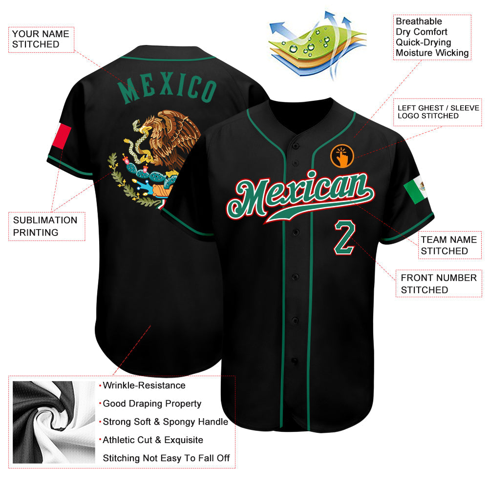 Custom Black Kelly Green-Red Authentic Mexican Flag Fashion Baseball Jersey - Sky-Custom