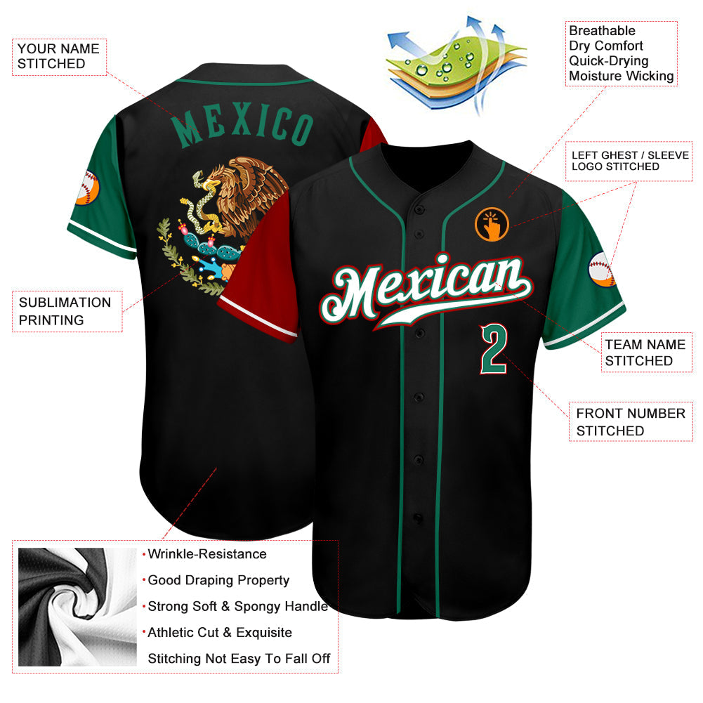 Custom Black Kelly Green-Red Authentic Mexico Two Tone Baseball Jersey - Sky-Custom