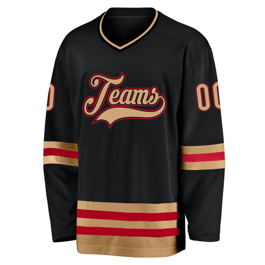 Custom Black Old Gold-Red Hockey Jersey - Sky-Custom