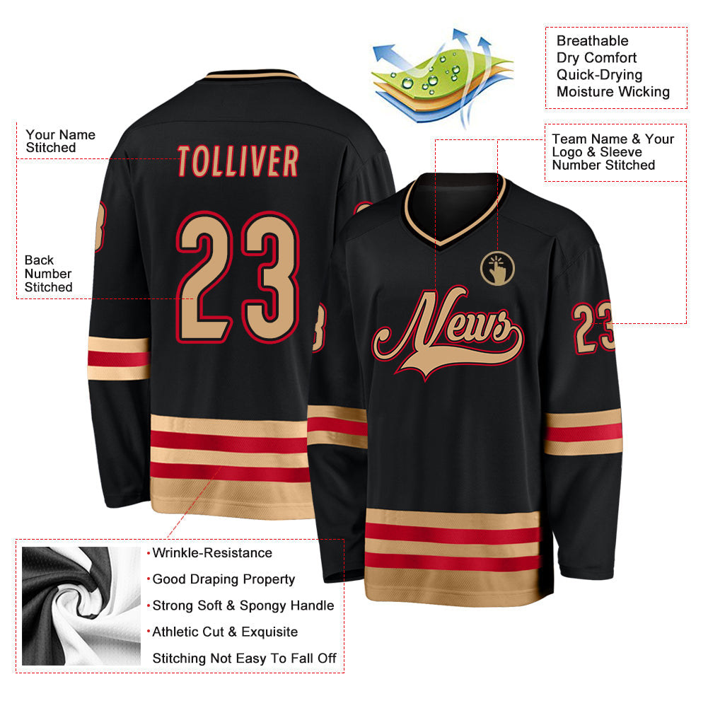 Custom Black Old Gold-Red Hockey Jersey - Sky-Custom