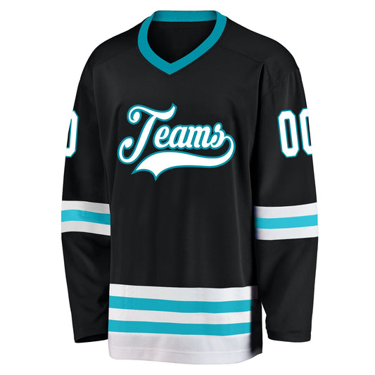 Custom Black White-Teal Hockey Jersey - Sky-Custom