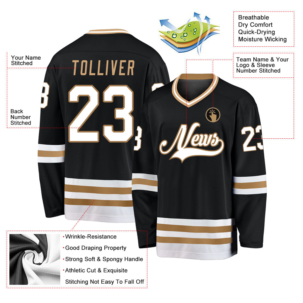 Custom Black White-Old Gold Hockey Jersey - Sky-Custom