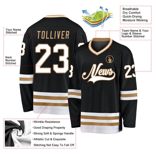 Custom Black White-Old Gold Hockey Jersey - Sky-Custom