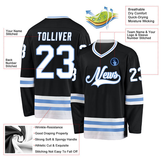Custom Black White-Light Blue Hockey Jersey - Sky-Custom