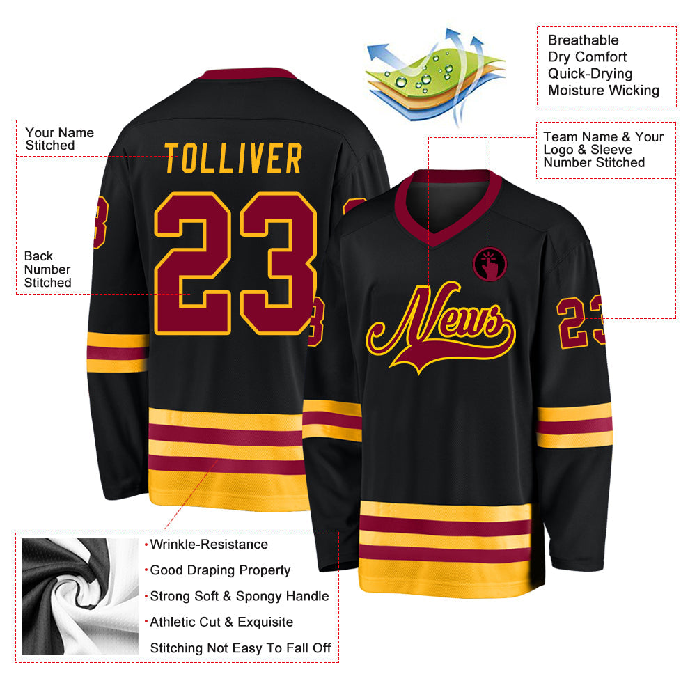 Custom Black Maroon-Gold Hockey Jersey - Sky-Custom
