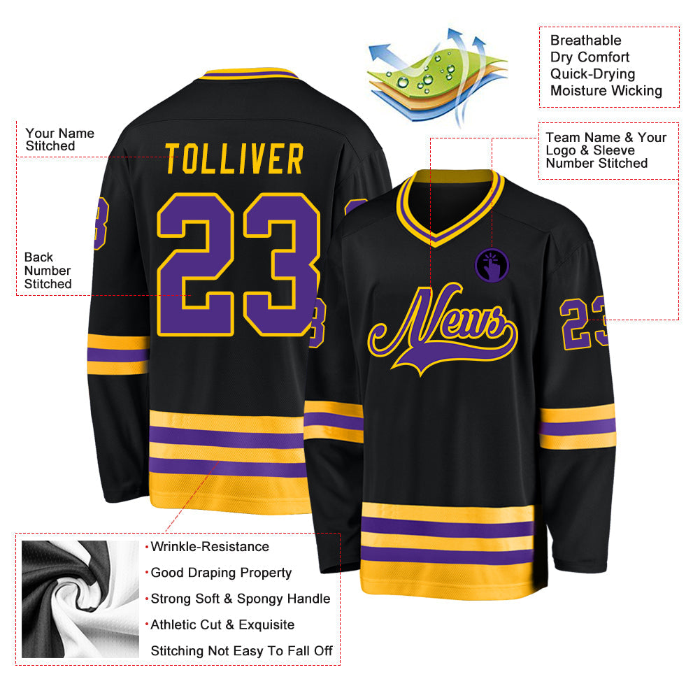 Custom Black Purple-Gold Hockey Jersey - Sky-Custom