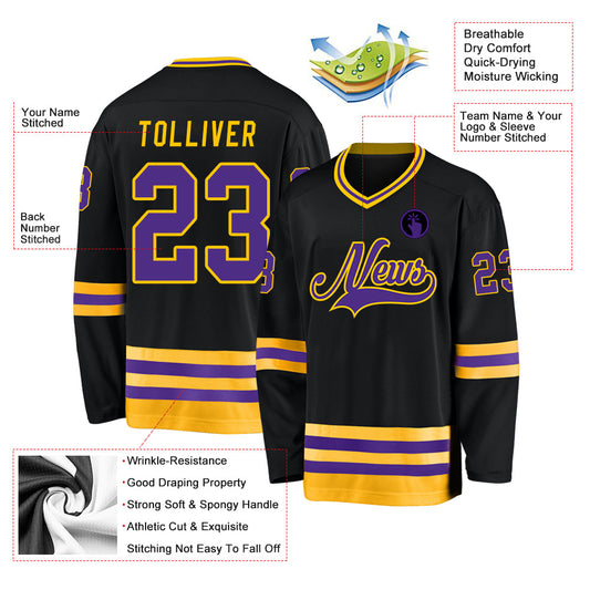 Custom Black Purple-Gold Hockey Jersey - Sky-Custom