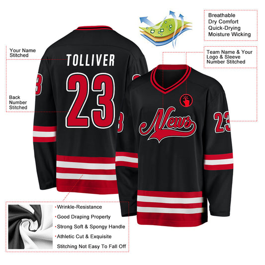 Custom Black Red-White Hockey Jersey - Sky-Custom