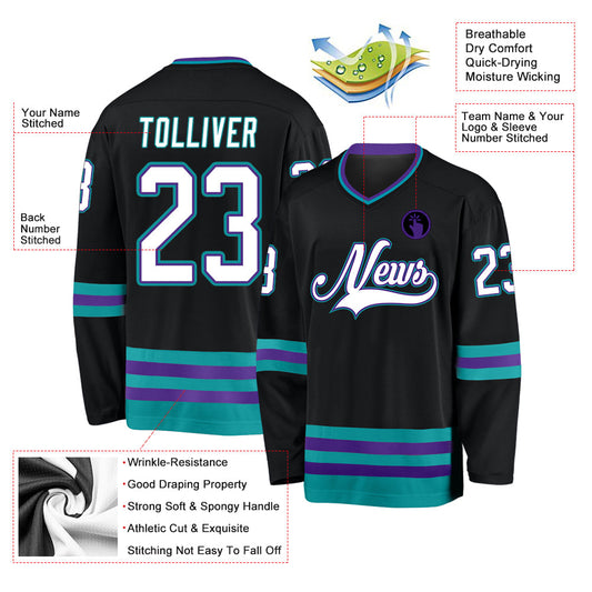 Custom Black White-Teal Hockey Jersey - Sky-Custom