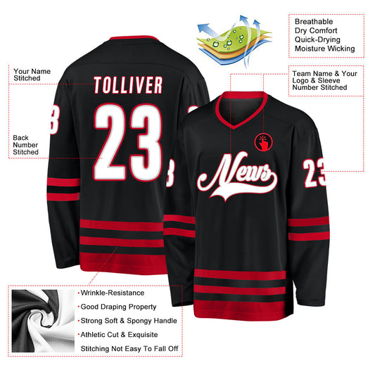 Custom Black White-Red Hockey Jersey - Sky-Custom