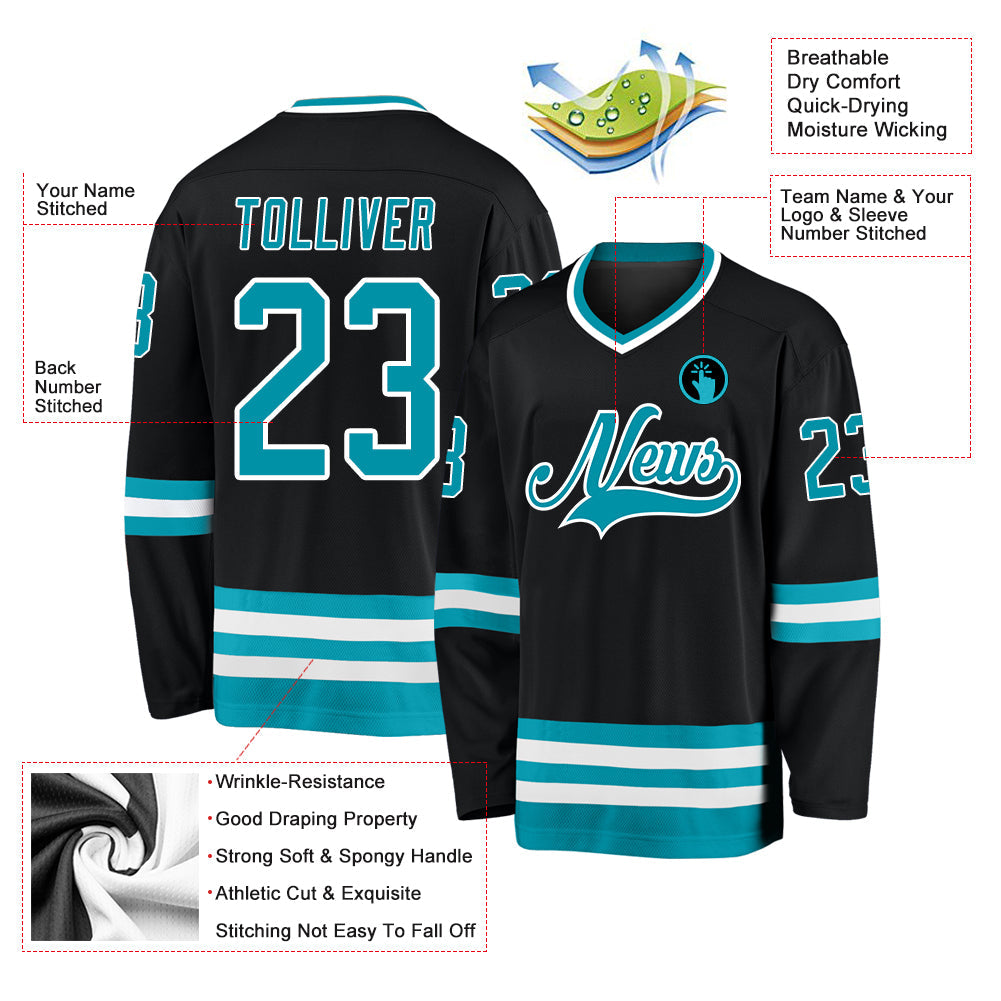 Custom Black Teal-White Hockey Jersey - Sky-Custom