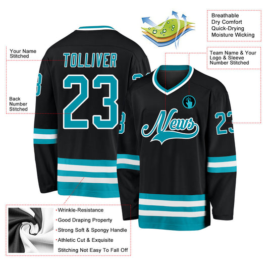 Custom Black Teal-White Hockey Jersey - Sky-Custom