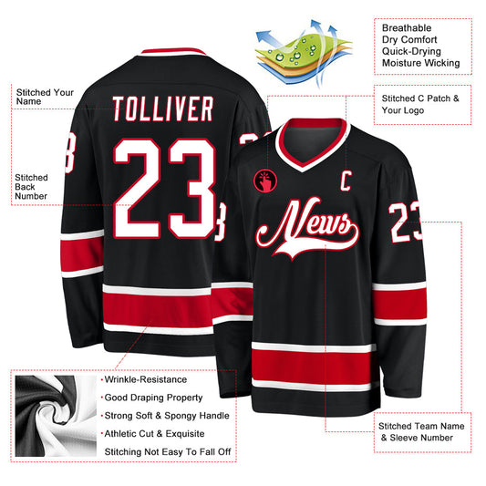 Custom Black White-Red Hockey Jersey - Sky-Custom