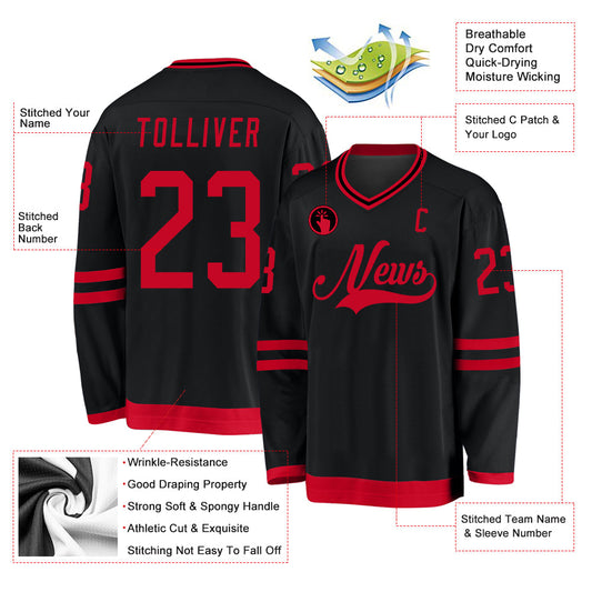 Custom Black Red Hockey Jersey - Sky-Custom
