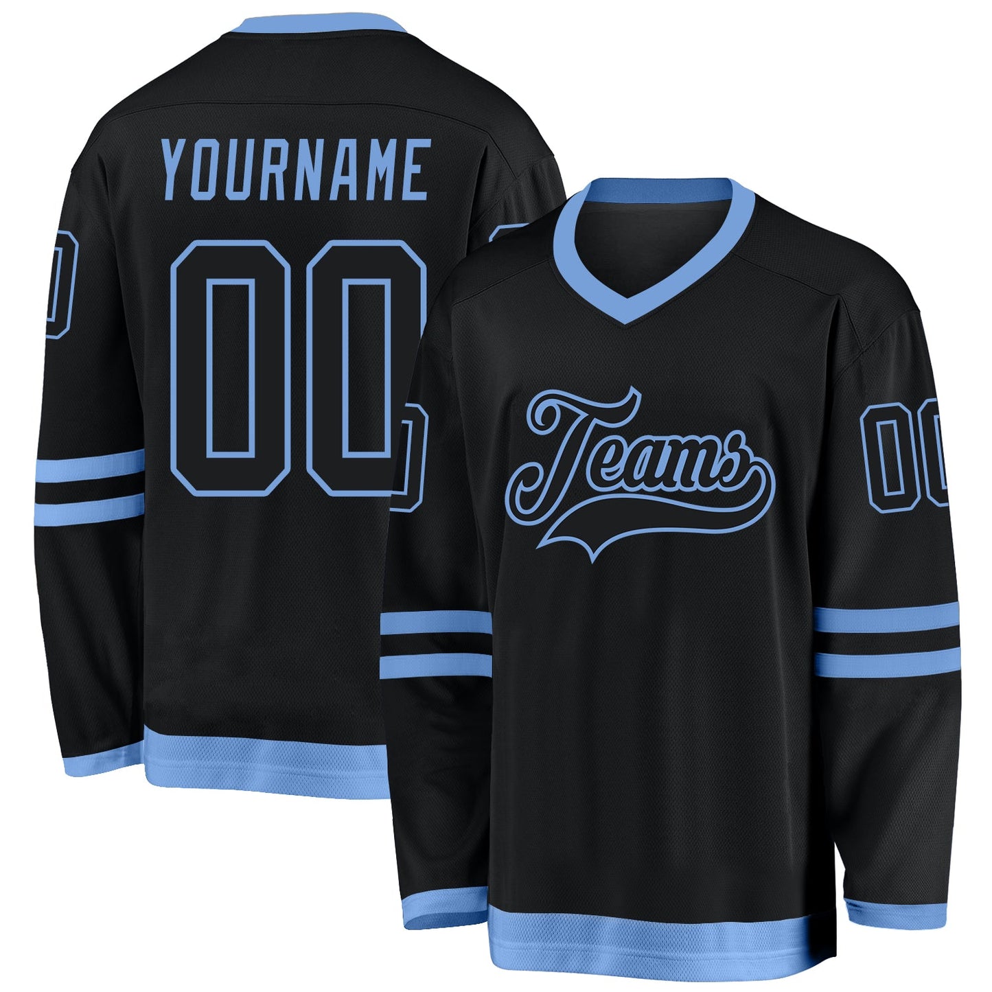 Custom Black Black-Light Blue Hockey Jersey - Sky-Custom