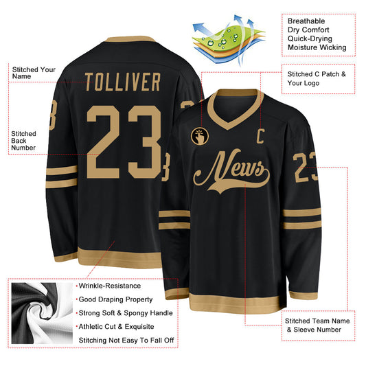 Custom Black Old Gold Hockey Jersey - Sky-Custom