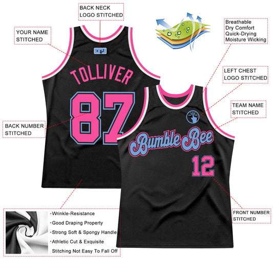 Custom Black Pink-Light Blue Authentic Throwback Basketball Jersey - Sky-Custom