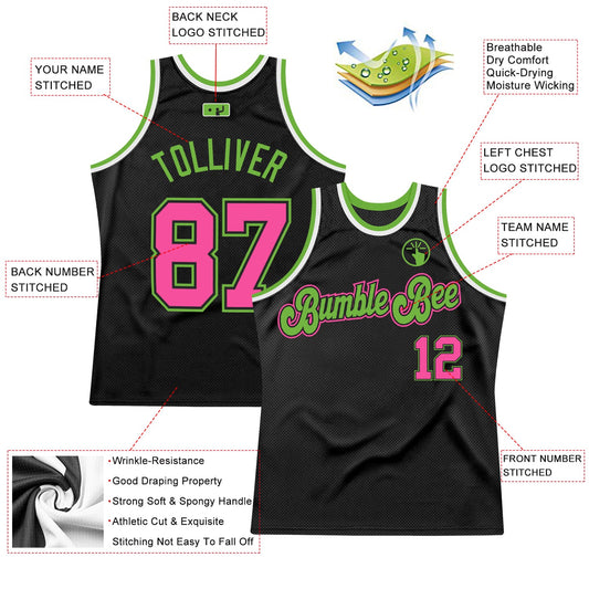 Custom Black Pink-Neon Green Authentic Throwback Basketball Jersey - Sky-Custom