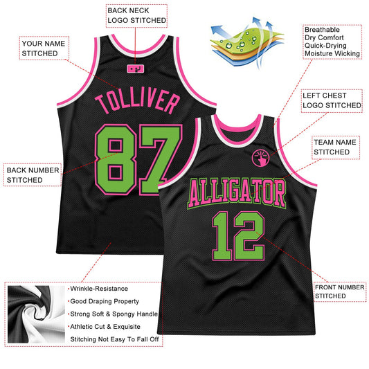 Custom Black Neon Green-Pink Authentic Throwback Basketball Jersey - Sky-Custom