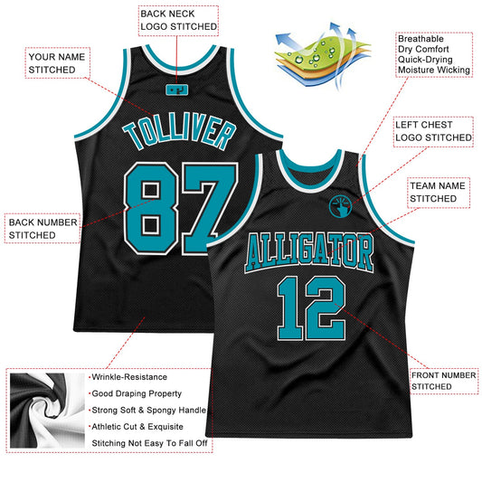 Custom Black Teal-White Authentic Throwback Basketball Jersey - Sky-Custom