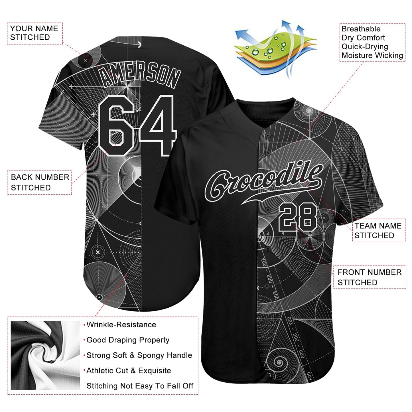 Custom Black Black-White 3D Pattern Design Geometry Authentic Baseball Jersey - Sky-Custom