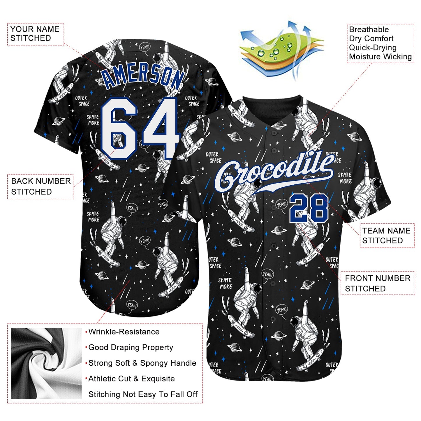 Custom Black White-Royal 3D Pattern Design Astronaut Authentic Baseball Jersey - Sky-Custom