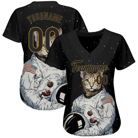 Custom Black Black-Old Gold 3D Pattern Design Astronaut Authentic Baseball Jersey - Sky-Custom