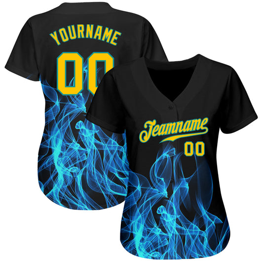 Custom Black Gold-Teal 3D Pattern Design Flame Authentic Baseball Jersey - Sky-Custom