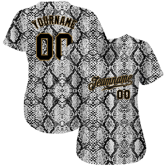 Custom Black Snakeskin Black-Old Gold 3D Pattern Design Authentic Baseball Jersey - Sky-Custom