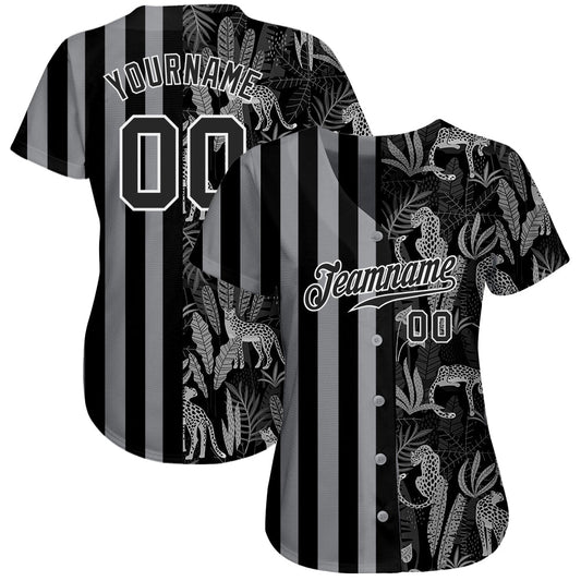 Custom Black Black-Gray 3D Pattern Design Leopards And Tropical Leaves Authentic Baseball Jersey - Sky-Custom