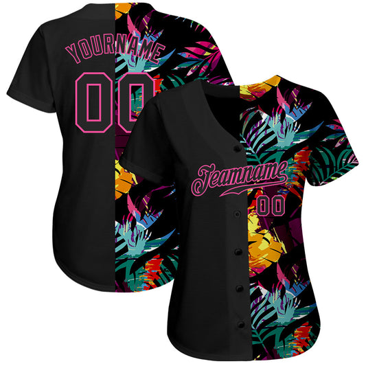 Custom Black Black-Pink 3D Pattern Design Tropical Palm Palm Leaves Authentic Baseball Jersey - Sky-Custom