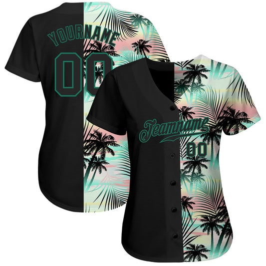 Custom Black Black-Kelly Green 3D Pattern Design Tropical Palm Leaves Authentic Baseball Jersey - Sky-Custom