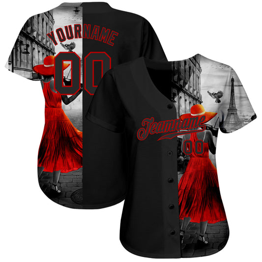 Custom Black Black-Red 3D Pattern Design A Girl With The Eiffel Tower Authentic Baseball Jersey - Sky-Custom