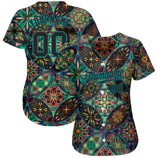 Custom Black Black-Teal 3D Pattern Design Mandalas Authentic Baseball Jersey - Sky-Custom