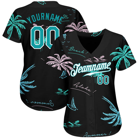Custom Black Teal-White 3D Pattern Design Hawaii Palm Trees Authentic Baseball Jersey - Sky-Custom