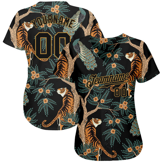 Custom Black Black-Old Gold 3D Pattern Design Tiger And Peacock Authentic Baseball Jersey - Sky-Custom