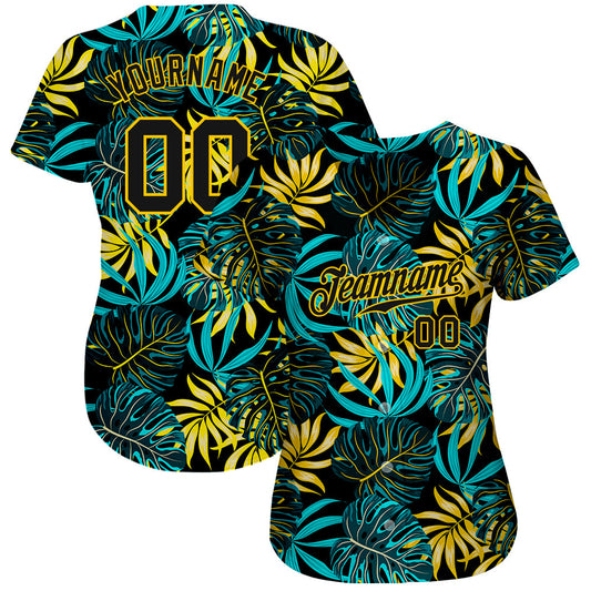 Custom Black Black-Gold 3D Pattern Design Tropical Palm Leaves Authentic Baseball Jersey - Sky-Custom