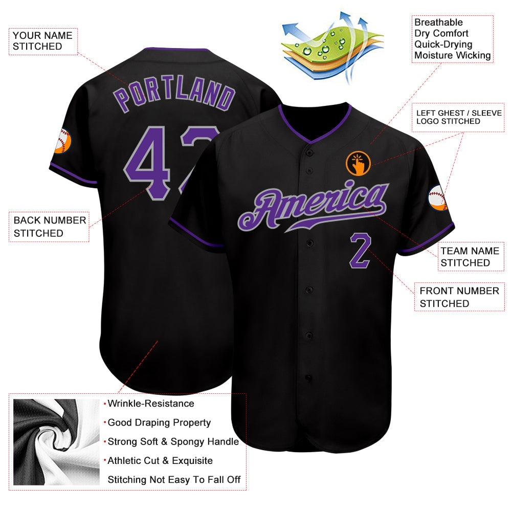 Custom Black Purple-Gray Authentic Baseball Jersey - Sky-Custom