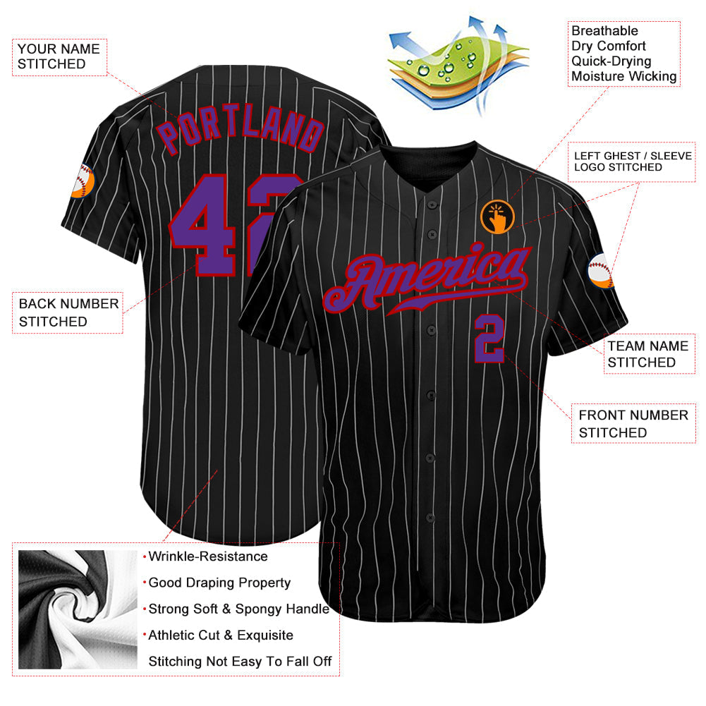 Custom Black Gray Pinstripe Purple-Red Authentic Baseball Jersey - Sky-Custom