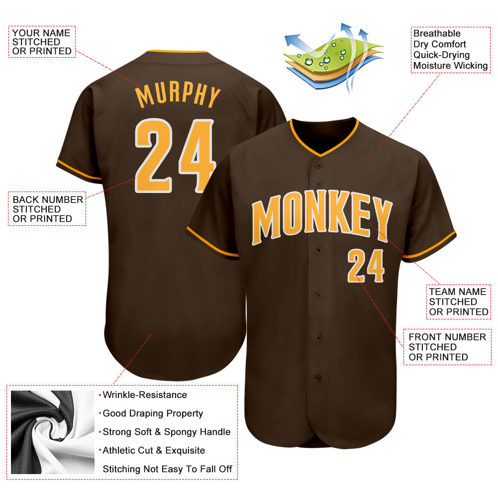 Custom Brown Gold-White Authentic Baseball Jersey - Sky-Custom