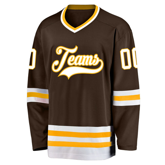 Custom Brown White-Gold Hockey Jersey - Sky-Custom