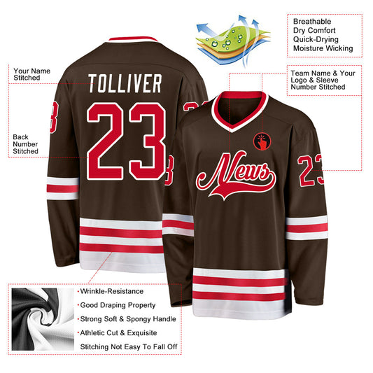 Custom Brown Red-White Hockey Jersey - Sky-Custom