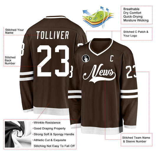 Custom Brown White Hockey Jersey - Sky-Custom