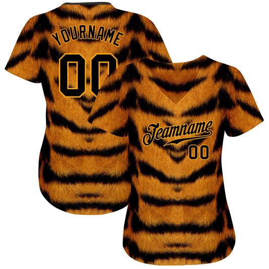 Custom Brown Black-Gold 3D Pattern Design Tiger Authentic Baseball Jersey - Sky-Custom