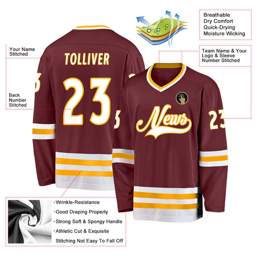 Custom Burgundy White-Gold Hockey Jersey - Sky-Custom