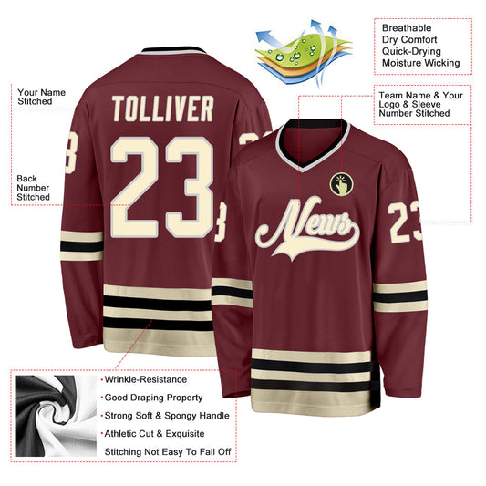 Custom Burgundy Cream-Black Hockey Jersey - Sky-Custom