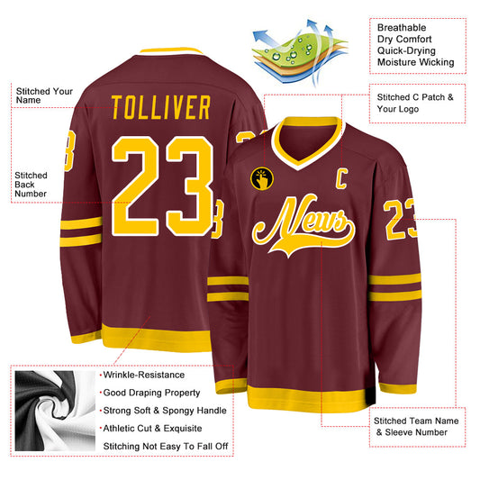 Custom Burgundy Gold-White Hockey Jersey - Sky-Custom