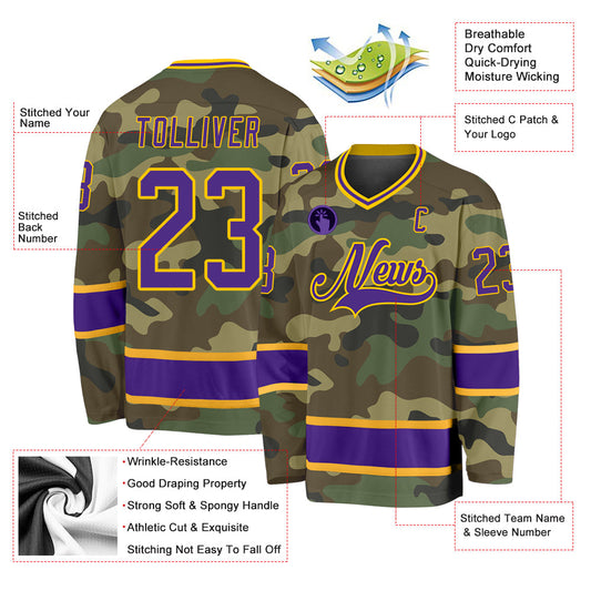 Custom Camo Purple-Gold Salute To Service Hockey Jersey - Sky-Custom